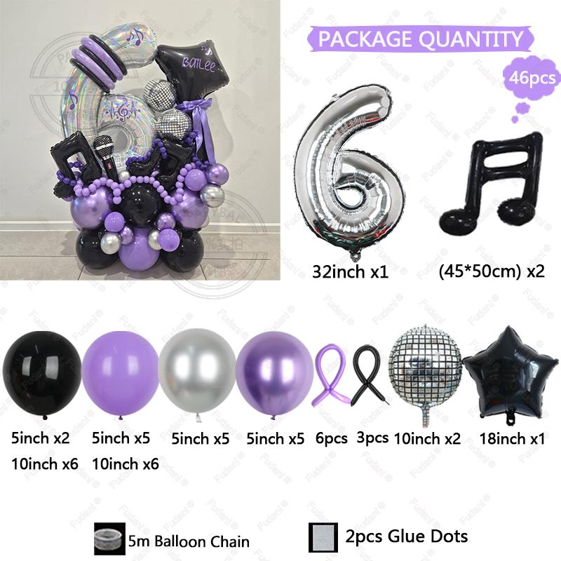 46Pcs Black Purple Music Note Theme Digital Balloon Girl Birthday Party Balloon Set Baby Shower Globos Photography Props