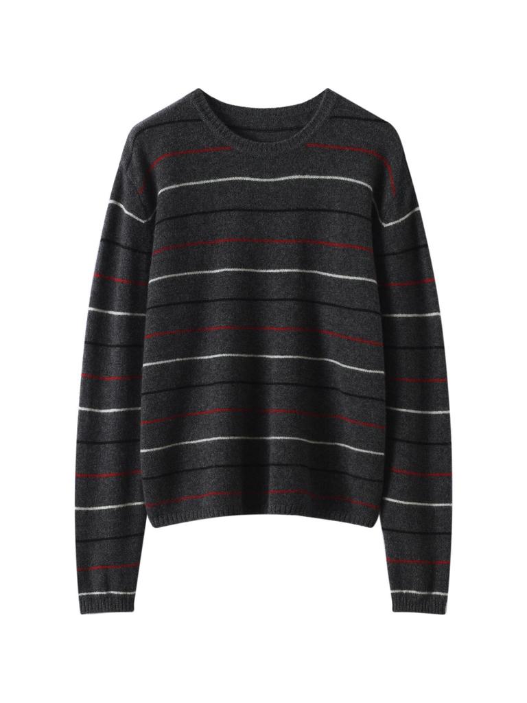 100% Cashmere Women's Color Block Stripe Round Neck Sweater - Autumn/Winter Loose Fit Retro Knitwear Top