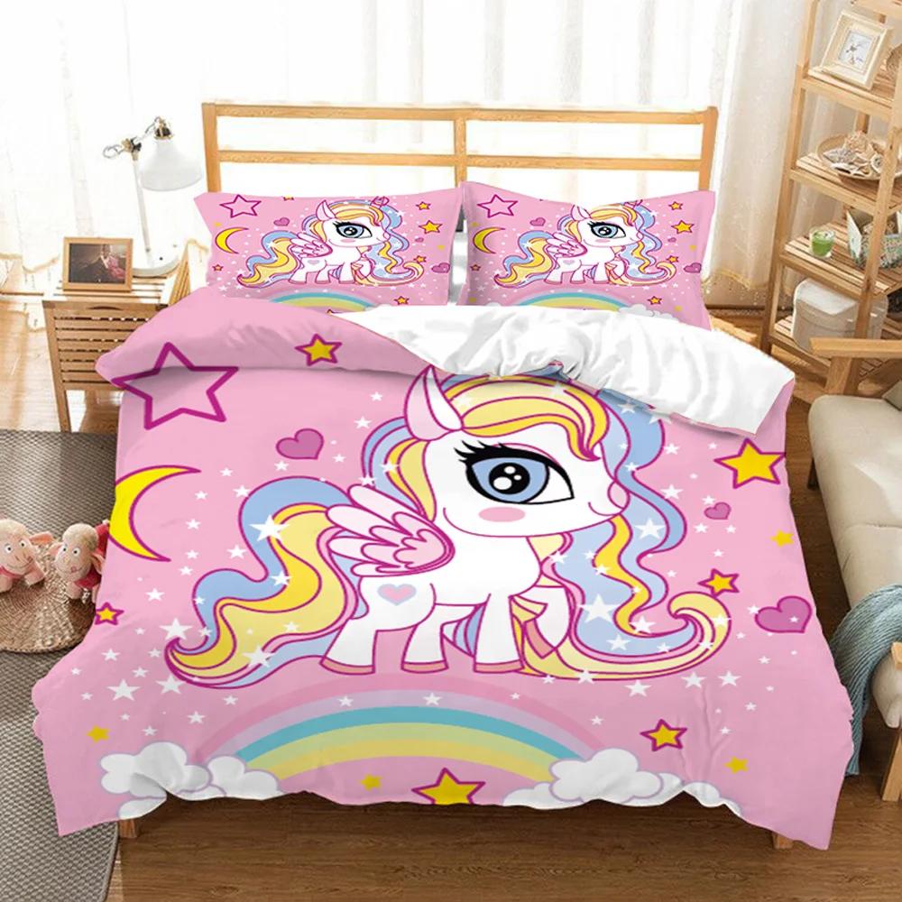 Unicorn Kids Girls Pink 3D Bedding Set Duvet Cover Sale Cartoon Bedcllothes Animal Printed Queen King Size Home Duvet Covers