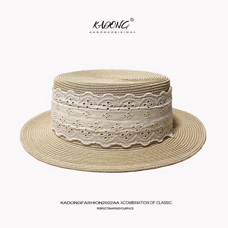 French Lace Woven Straw Hat Women's Summer New Seaside Beach Vacation Sunscreen Sunshade Flat Top Straw Hat