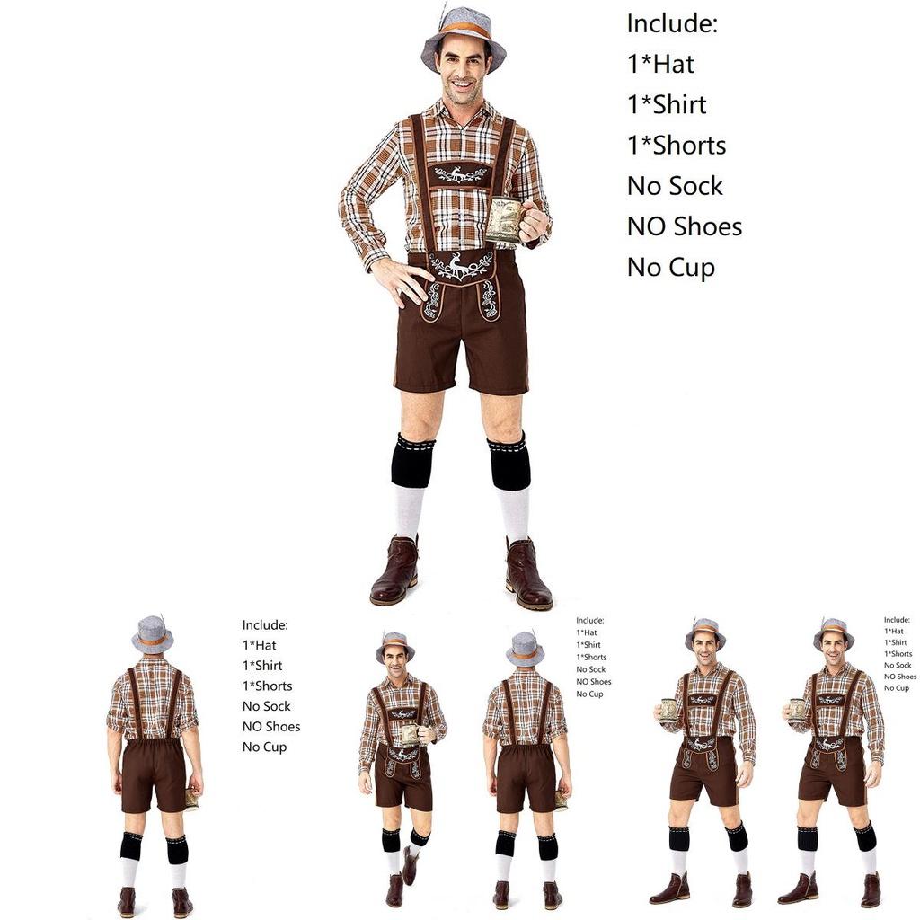 Stylish German Oktoberfest Clothing Men Fawn Print Khaki Plaid Costume Set