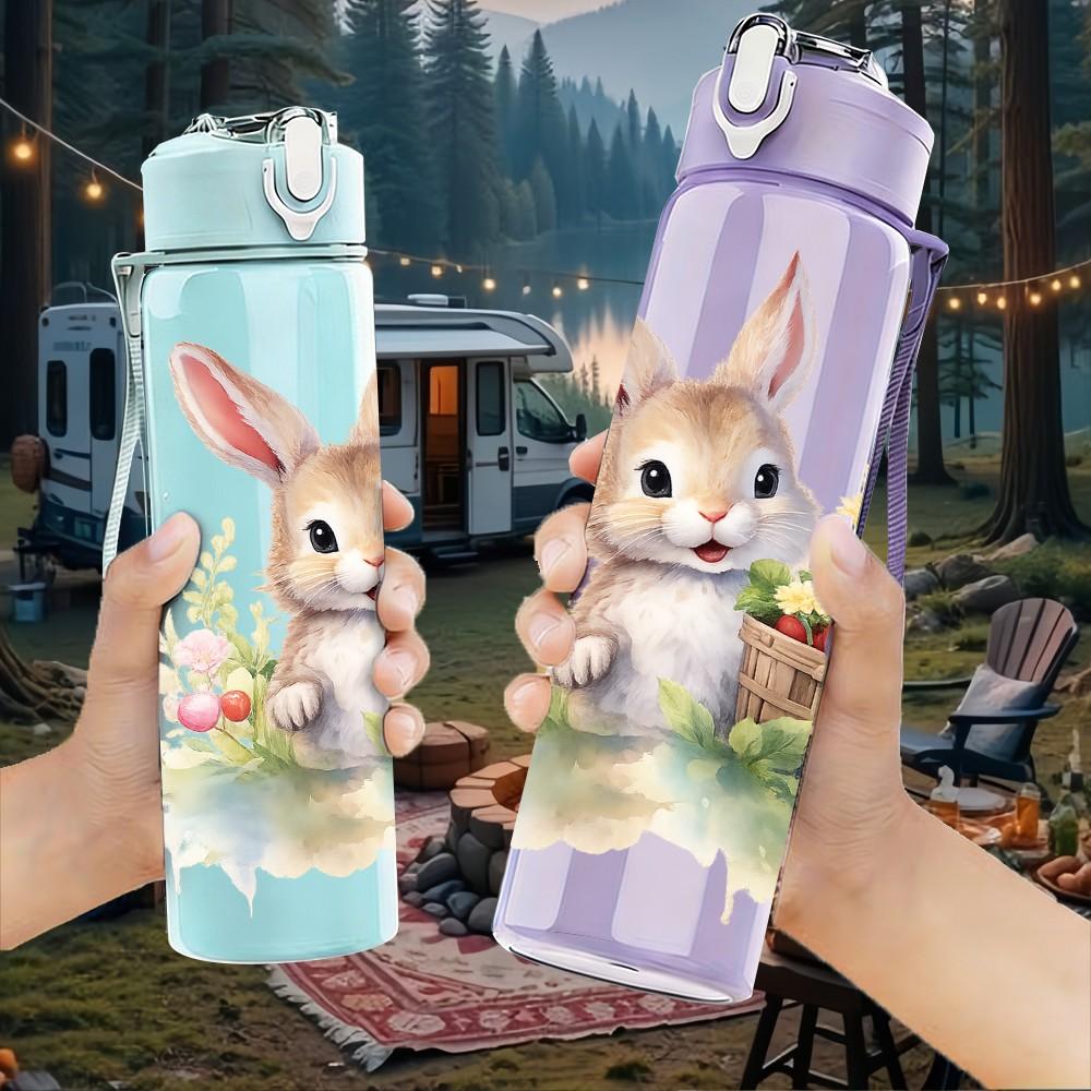 1PC Floral Wreath Bunny Rabbit Print 750ml Color Plastic Sports Water Bottle Leakproof Flip Straw Lid Suitable for Sports Office Home Use