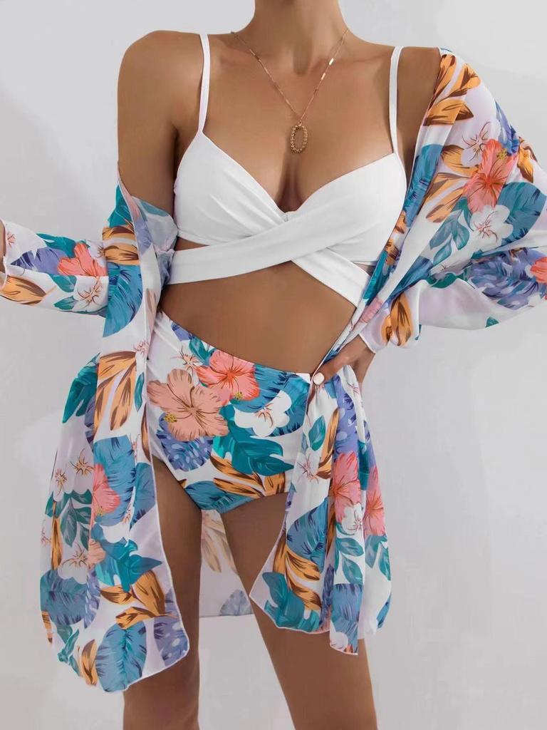 2023 Trendy Mesh Print Bikini: Sexy Push-up 3-Piece Split Swimsuit for Women