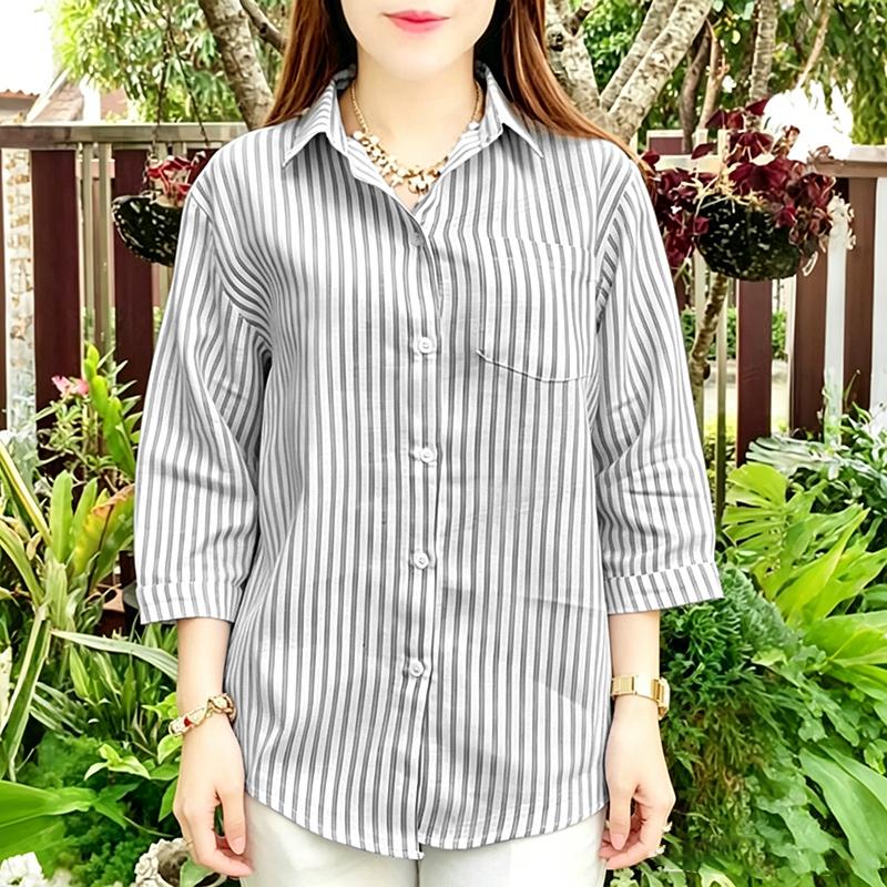 ZANZEA Women Casual Turn Down Collar Stripe Print Loose 3/4 Sleeve Blouse