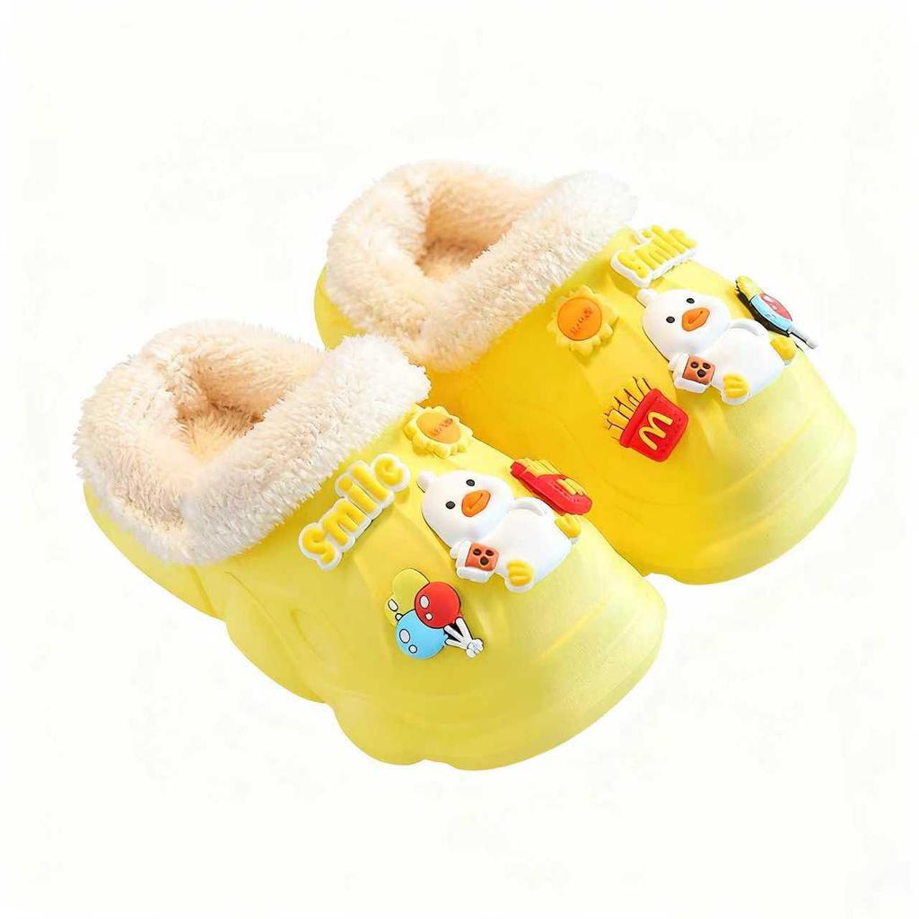 Kids' Waterproof Non-Slip Cotton Slippers, Plush Lined for Warmth, Removable Fur Lining, Perfect for Autumn/Winter Home Use.