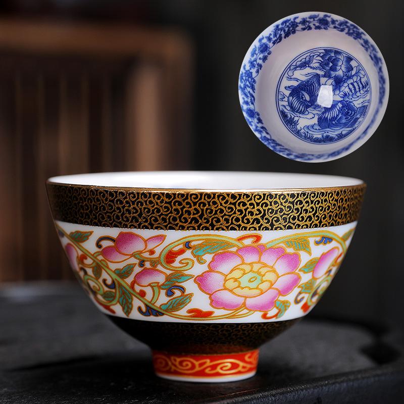 Ceramic Enamel Color Tasting Single Blue and White Douli Japanese Style Filigree Tea Bowl Kung Fu Master Cup Gift Bo