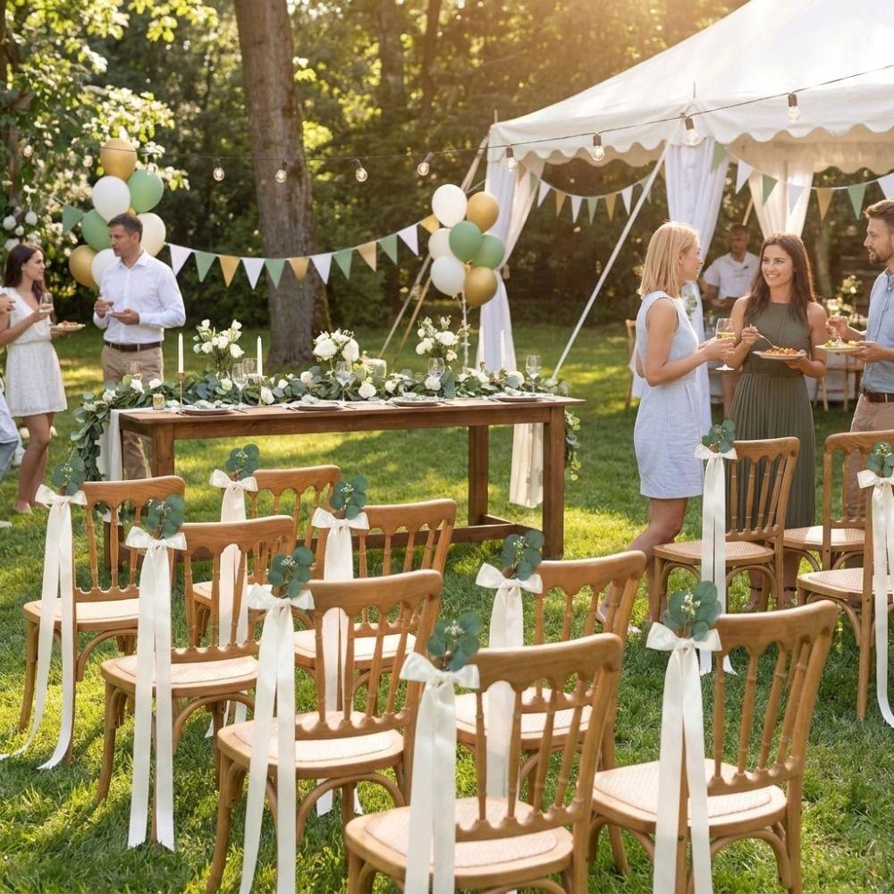 1/4 Sets Satin Bows Artificial Eucalyptus Chair Sashes Wedding Chair Decoration Party Decorations