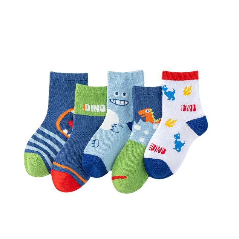 5 Pairs Cartoon Children Socks Cute Dinosaur Pattern Soft Breathable Cotton Boys Girls Kids Sports Socks for 1-12Years