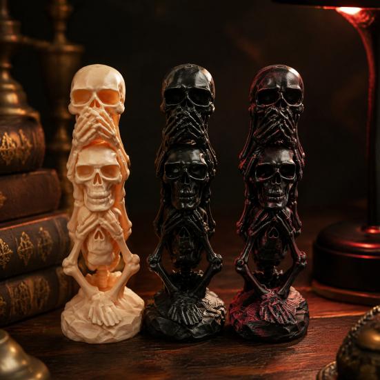 Creative Resin Crafts 3D Printed Triple Skull Statue, Halloween Horror Hear No Evil See Office Desk Accessories Speak Figurine, Decor for