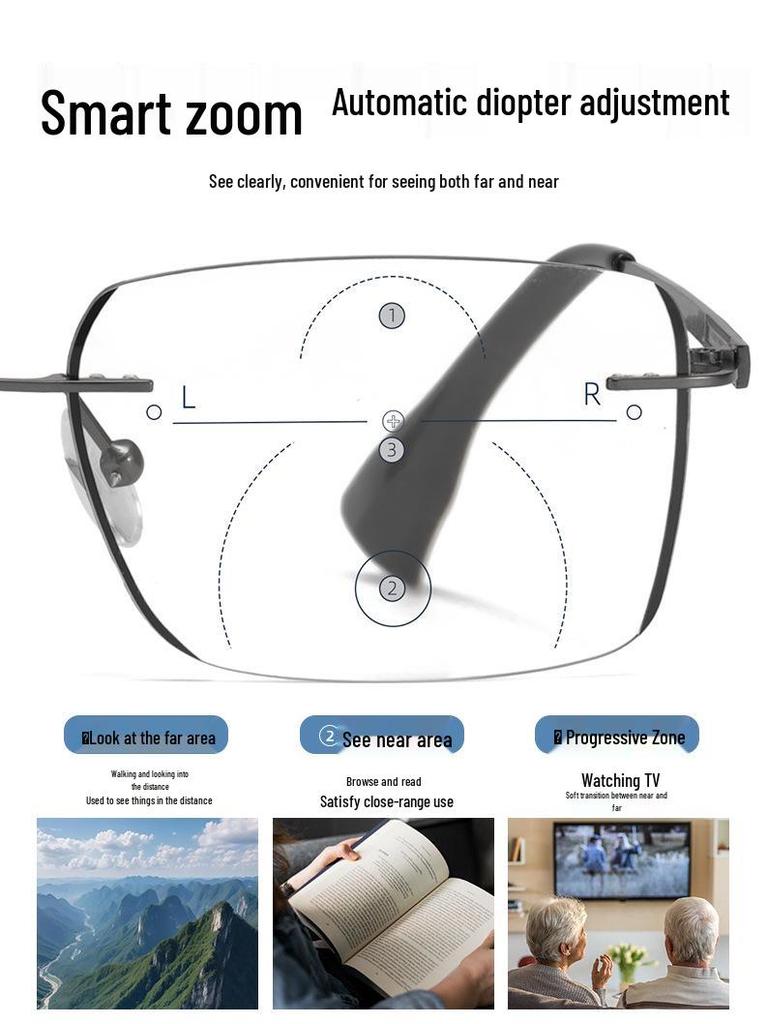 Herren Randlose Bifokale Photochrome Lesebrille mit Blaulichtfilter und Smart Zoom Technologie