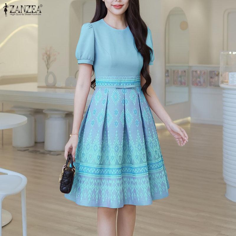 ZANZEA Women Casual Round Neck Short Sleeve Loose Print Dress