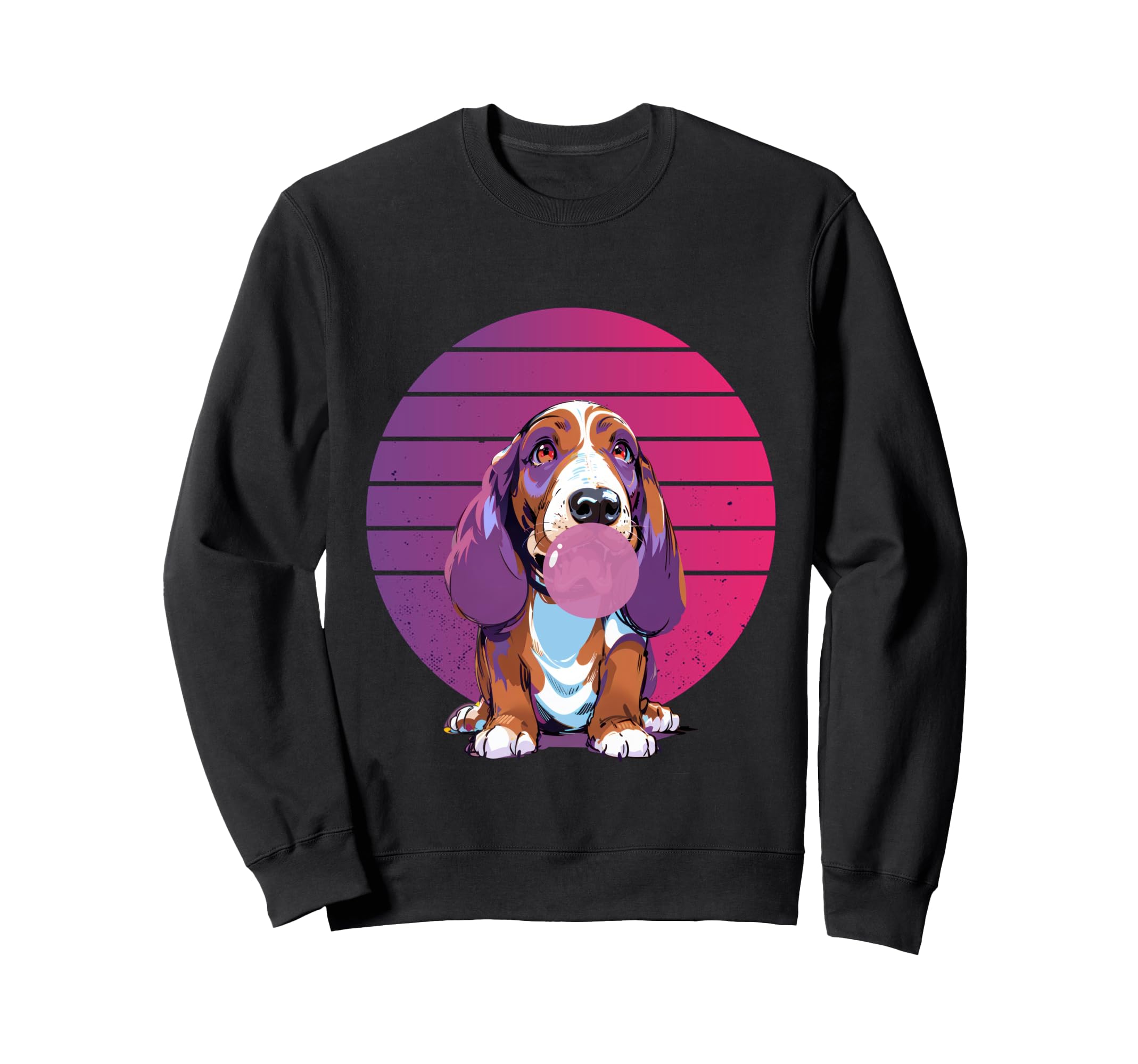 

Милая собака породы бассет-хаунд, надувающая пузыри из жвачки, длинноухое животное, дрессировщик домашних животных чёрный