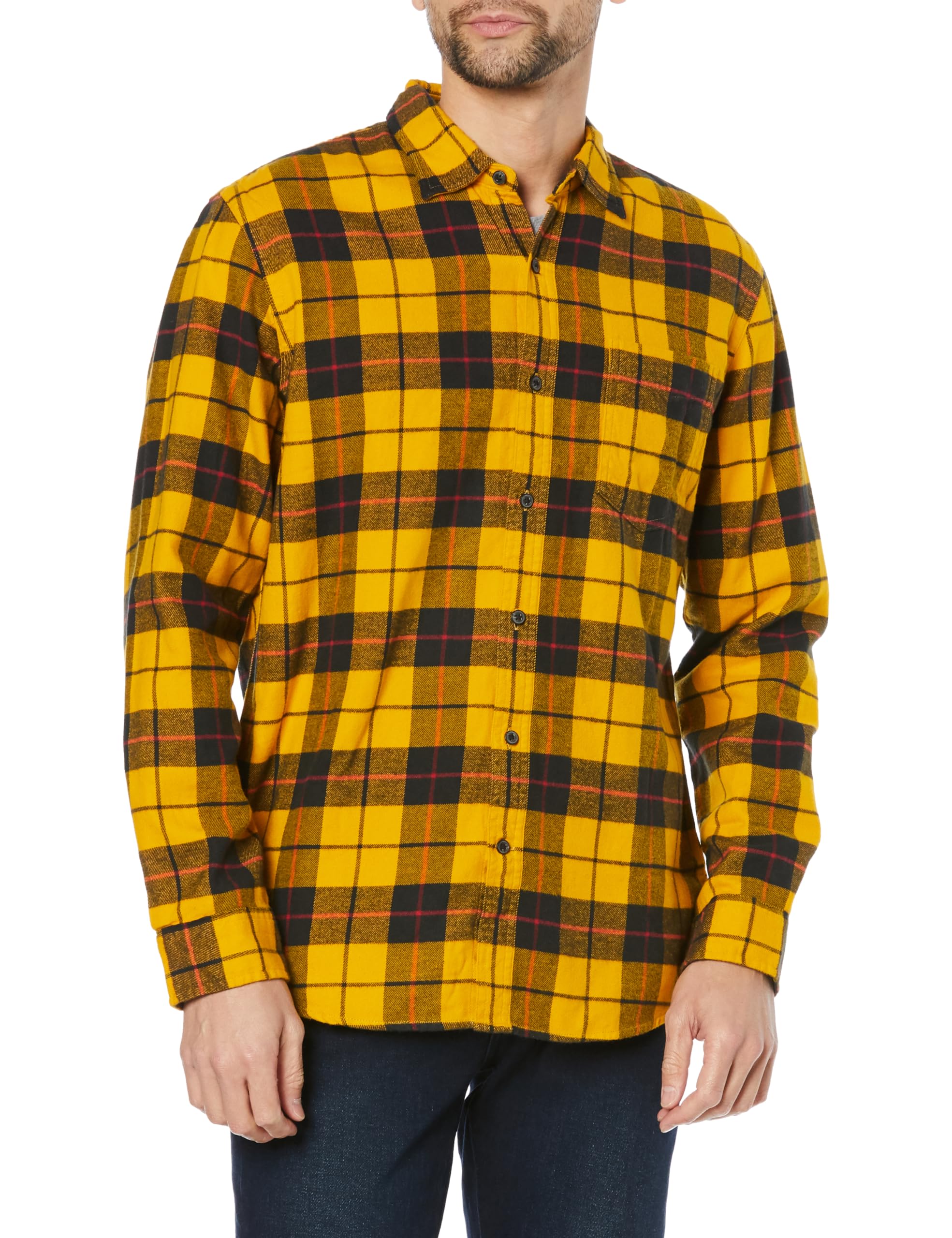 

Amazon Essentials Men s Slim Fit Long Sleeve Flannel Shirt, Black and Yellow Check Pattern, Size Small
