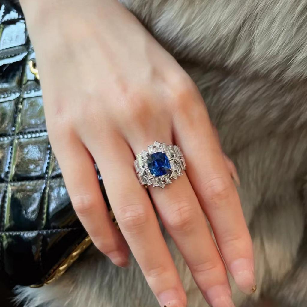 Exquisite Block Zircon Splicing Sterling Silver Ring Full of Pink Blue Diamonds for Ladies Party Wedding Birthday Gift