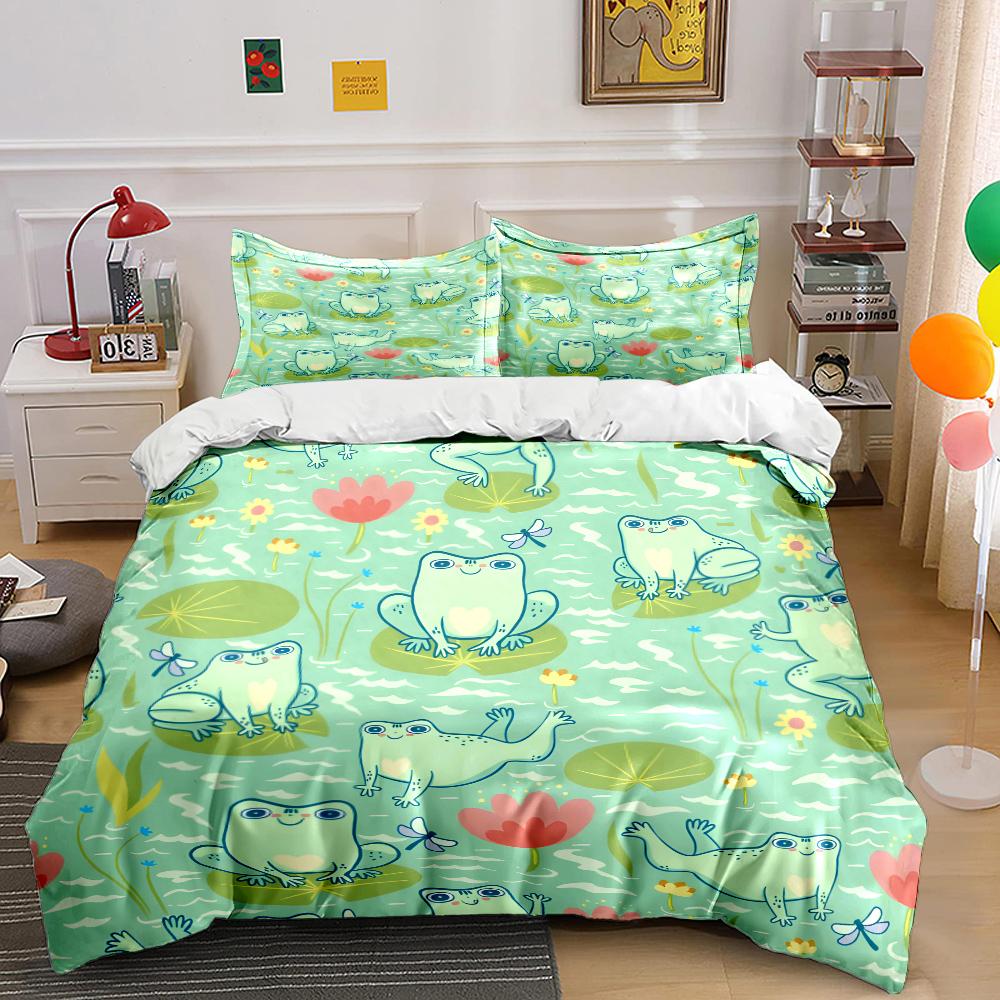 Cartoon Frogs On Lily Pads And Flowers Print Bedding Set 1 Duvet Cover 2 Pillowcases For Adult Children Luxury Gift Full Size