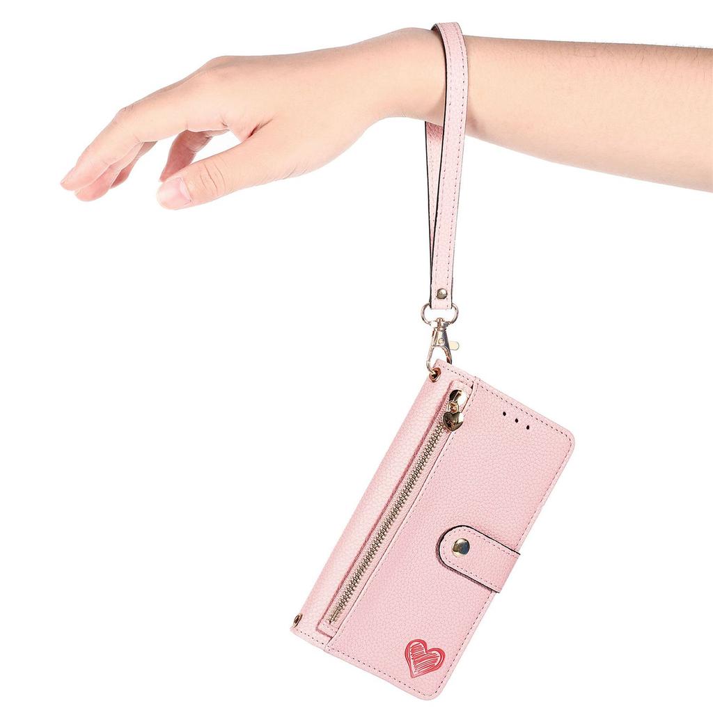Leather Wallet Flip Case for Google Pixel 11 10 9 Pro XL 9A 8 8A 7 7A 6 6A, Phone Cover Zipper Pocket, Wrist Strap, Heart Emblem