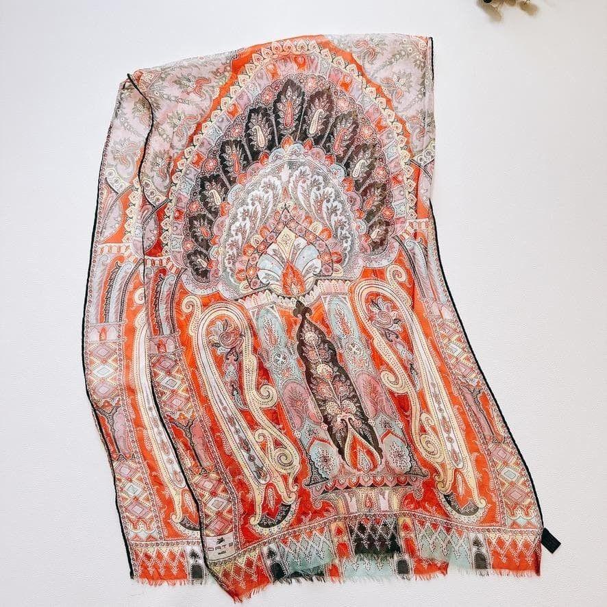 Used D449 ETRO Paisley Pattern Stole Shawl Red Beautiful Silk
