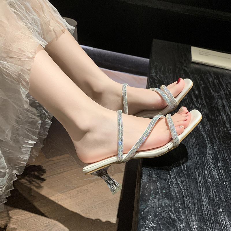 Two Wear Cool Slippers Female Summer Wear New Rhinestone Fairy Wind Crystal Thick Heel Sandals Internet Celebrity Open Toe High Heel Sandals