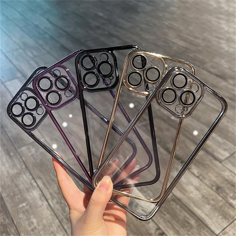 Carbon Fiber Frame Clear Phone Case For iPhone 15 14 13 12 11 Pro Max Plus Camera Lens Protection Shockproof Transparent Cover