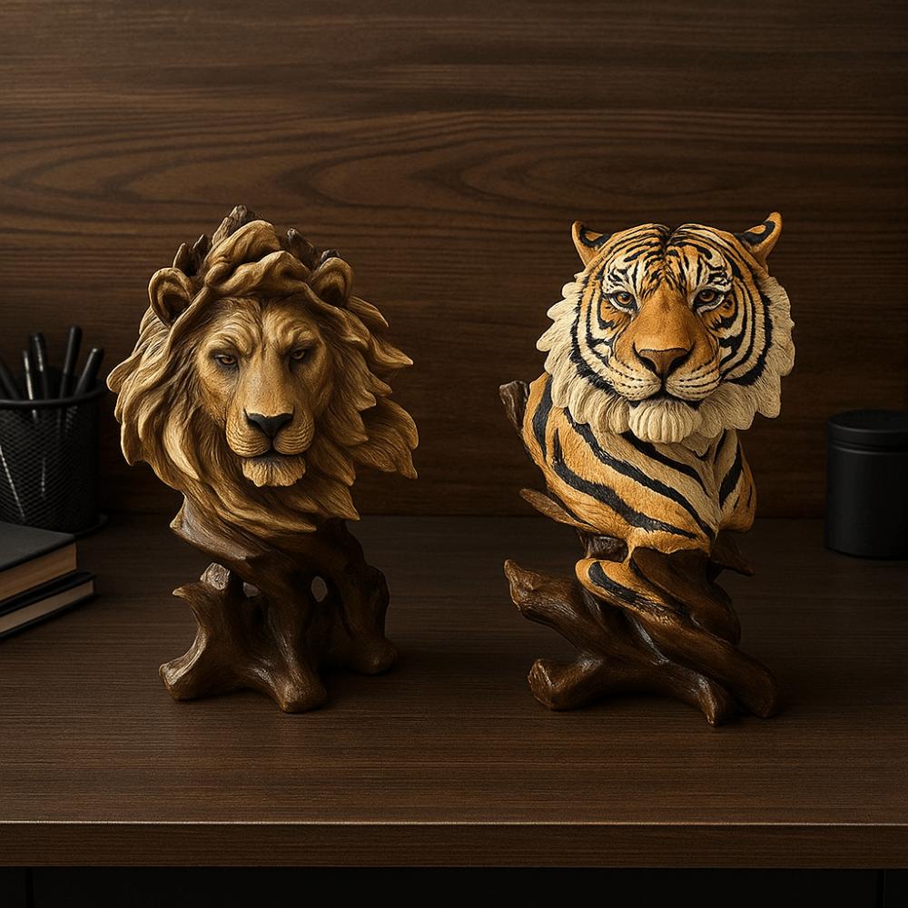 Luxury Simulation Animal Statue Retro Miniatures Figurine Sculpture Tiger Lion Head Ornament  Prop