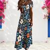 Women Plus Size V Neck Short Sleeve Floral Printed Navy Blue Straight Long Dress