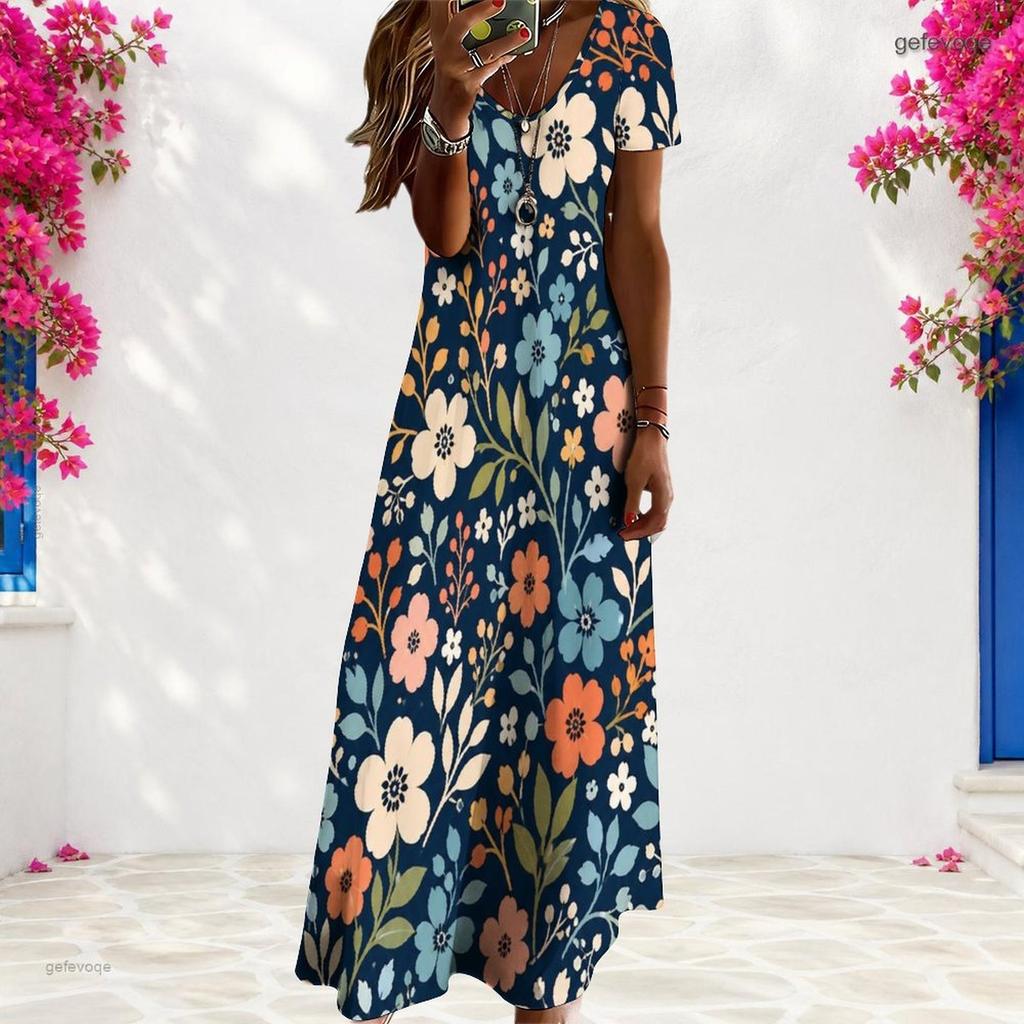 Women Plus Size V Neck Short Sleeve Floral Printed Navy Blue Straight Long Dress