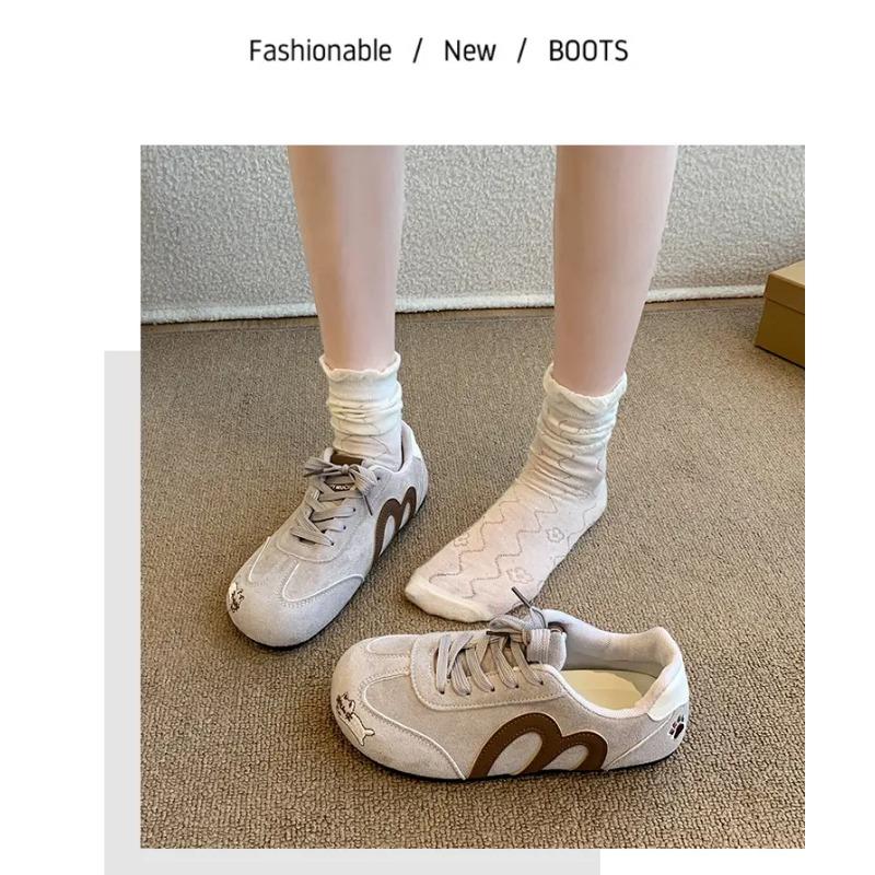 Women's Suede Cat Embroidery Casual Sneakers Retro M-Design Lace-Up Trainers Lightweight Soft Sole Walking Shoes
