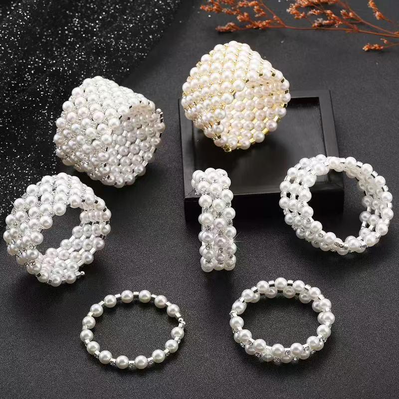 Multi-layer Pearl & Rhinestone Elastic Bracelet - Bridal Open Wrap Design