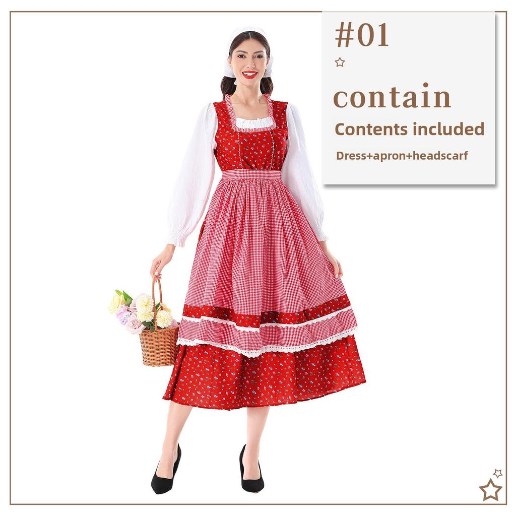 Oktoberfest Dirndl Dress Red Plaid Costume for Women Polyester