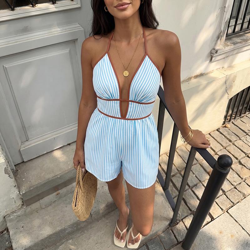 Sommer Neuer Stil Frisch Strandmode Jumpsuit mit gestreiftem Ausschnitt und taillierter Taille Jumpsuit Kurze Hose