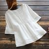 Women's Retro Casual Petticoat Summer Solid Color Cotton Linen Top Half Sleeve Round Neck Splicing Shirt Hollow Top