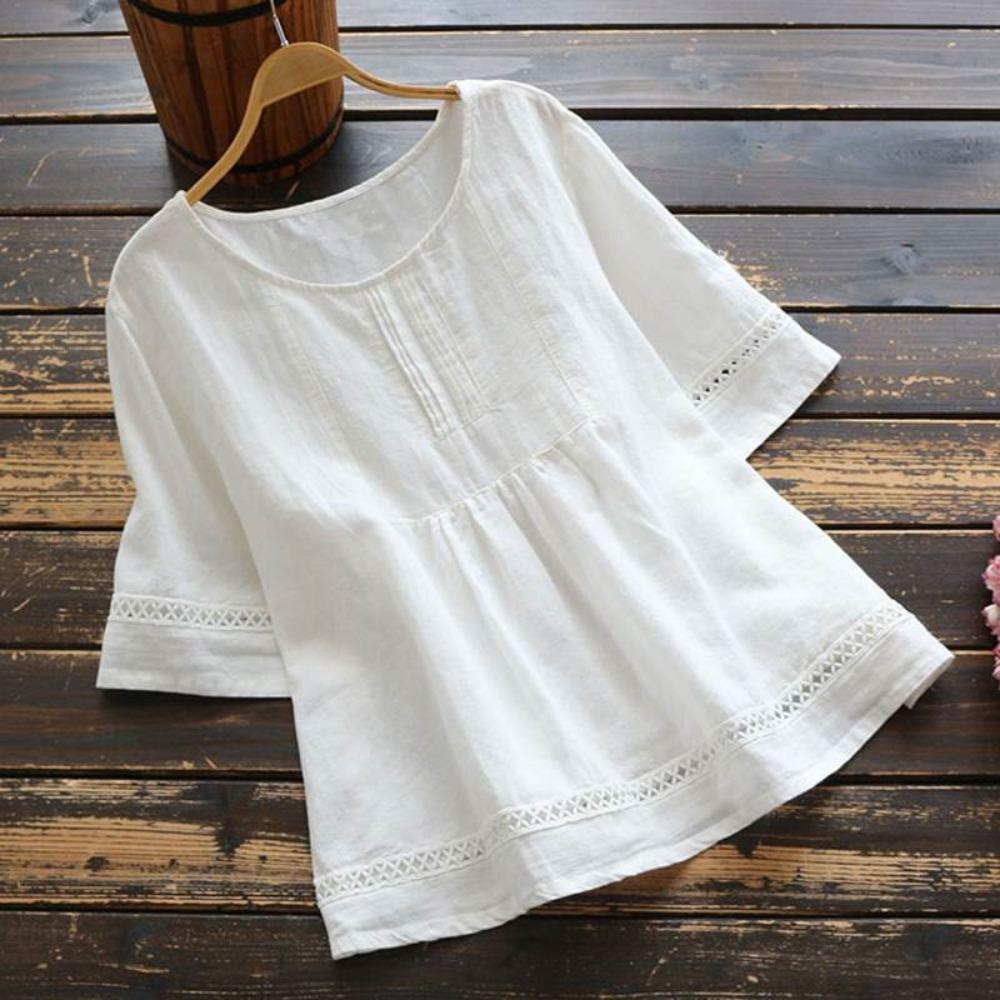 Women's Retro Casual Petticoat Summer Solid Color Cotton Linen Top Half Sleeve Round Neck Splicing Shirt Hollow Top