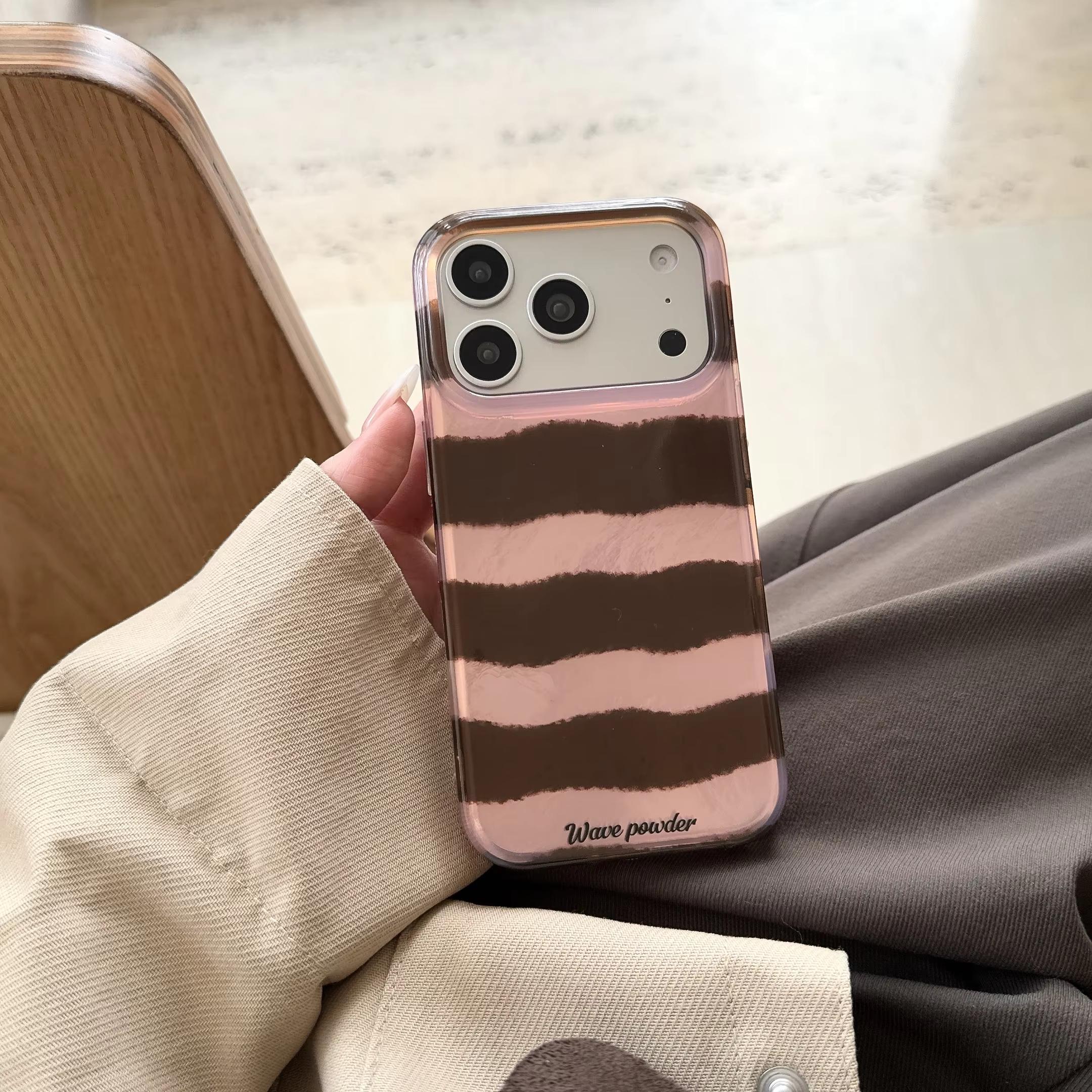 

Корейский INS Коричнево-розовые полосы Чехол для телефона для iPhone 17 Air 16 Pro Max 15 14 Plus 13 12 11 Pro Ударопрочная силиконовая задняя крышка iPhone 16 Pro