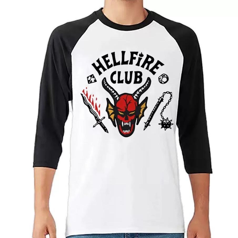 Sommer Hellfire Club Monster Grafik T-Shirt Hohe Qualität Dreiviertelärmel Rundhalsausschnitt Bequem Streetwear Harajuku Y2k T-Shirt