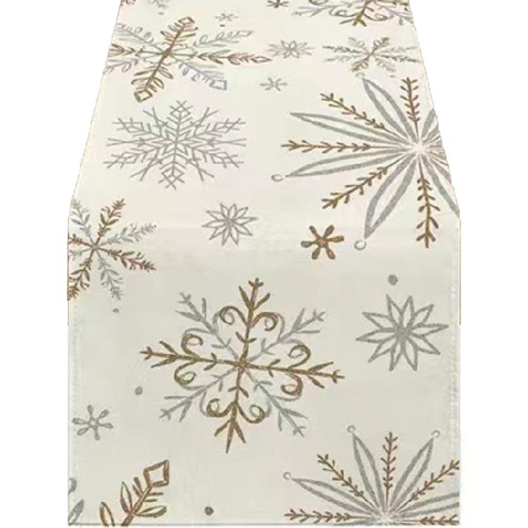 Snowflake Winter Table Runner Tablecloth in White Gold Linen for Seasonal Christmas and Holiday Table Setting Decoration