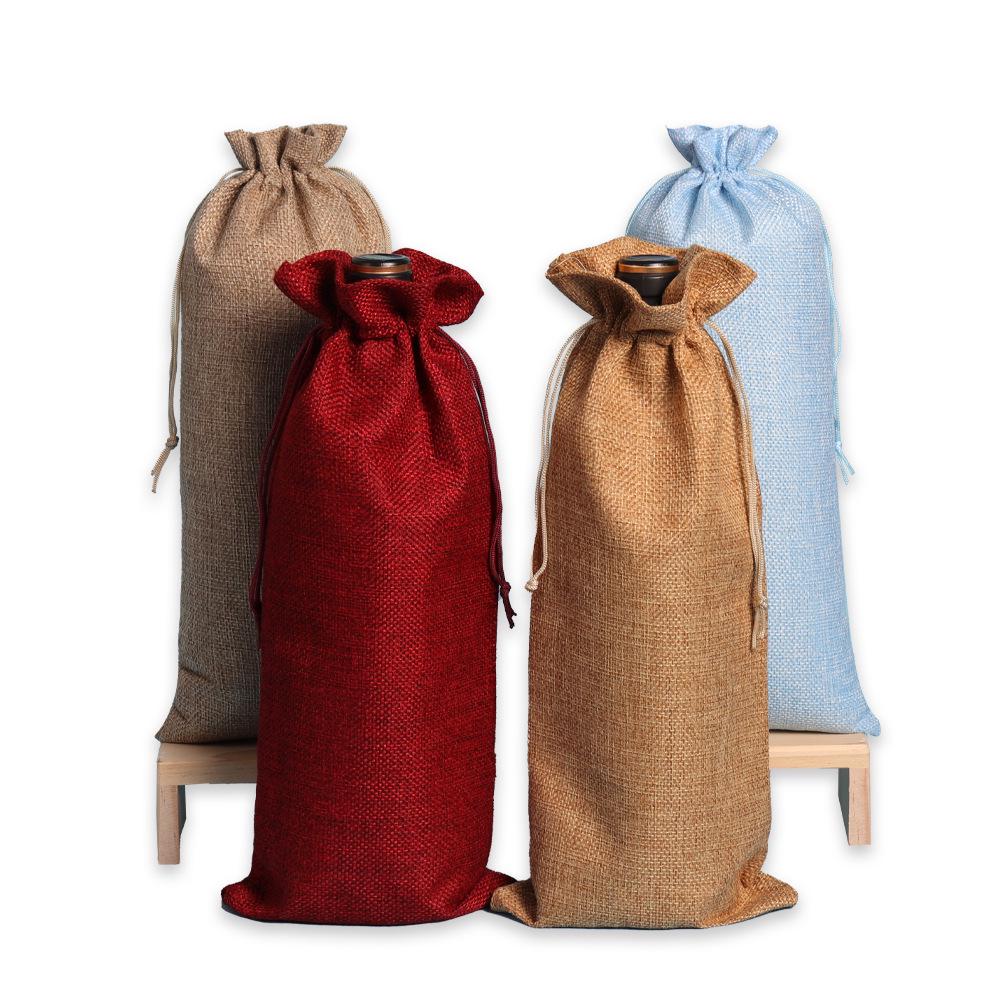 Multicolor Burlap Wine Gift Set with Drawstring Bag