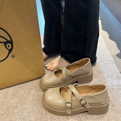 Scarpe da donna in pelle bianche con plateau, punta tonda, stile francese, 2025, nuove, per la primavera, versatili, con gonna, Mary Jane retrò, scarpe singole