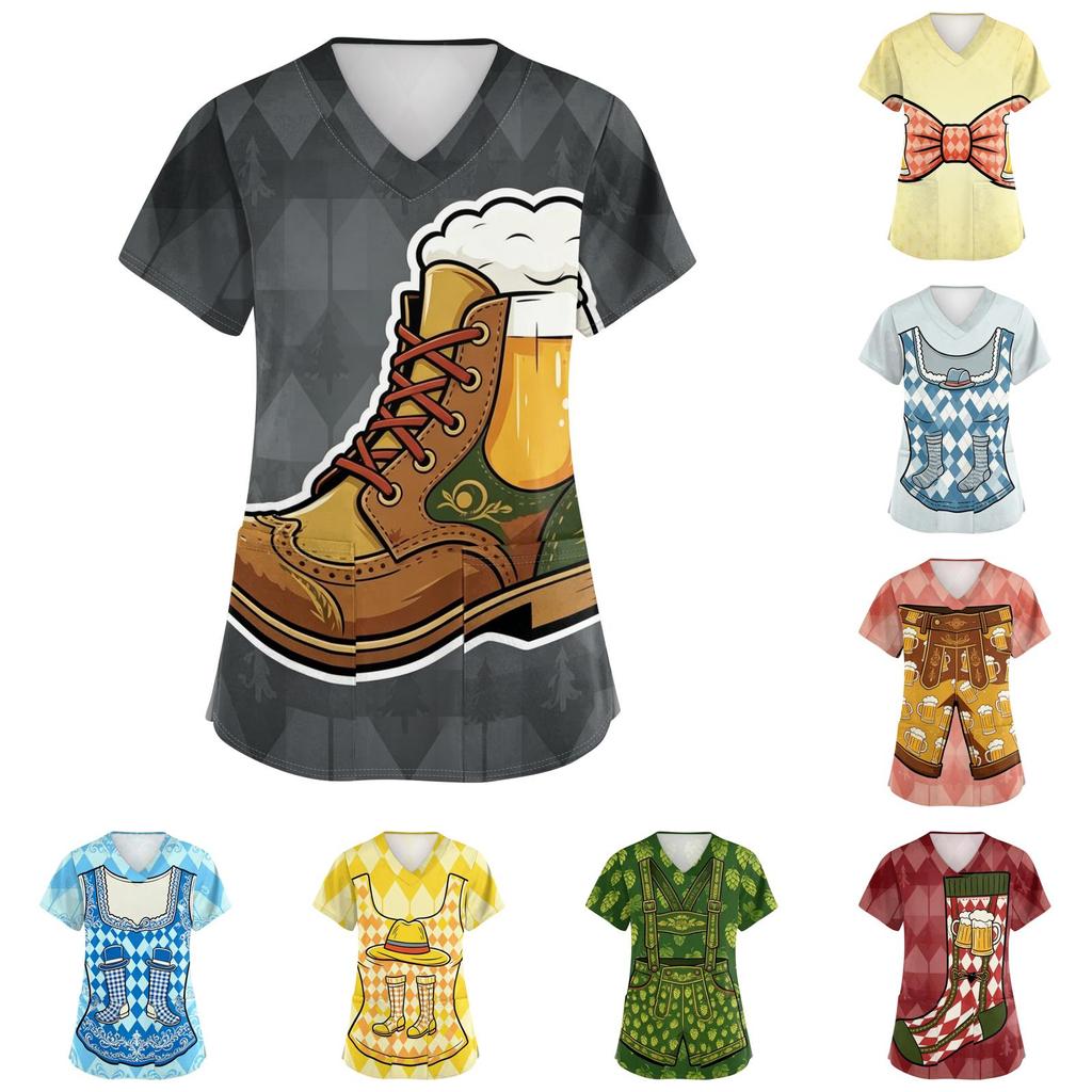 Women's V Neck Short Sleeve Work Shirt with Pockets Oktoberfest Print Nursing Scrub Top Comfortable Fit Lightweight Fabric