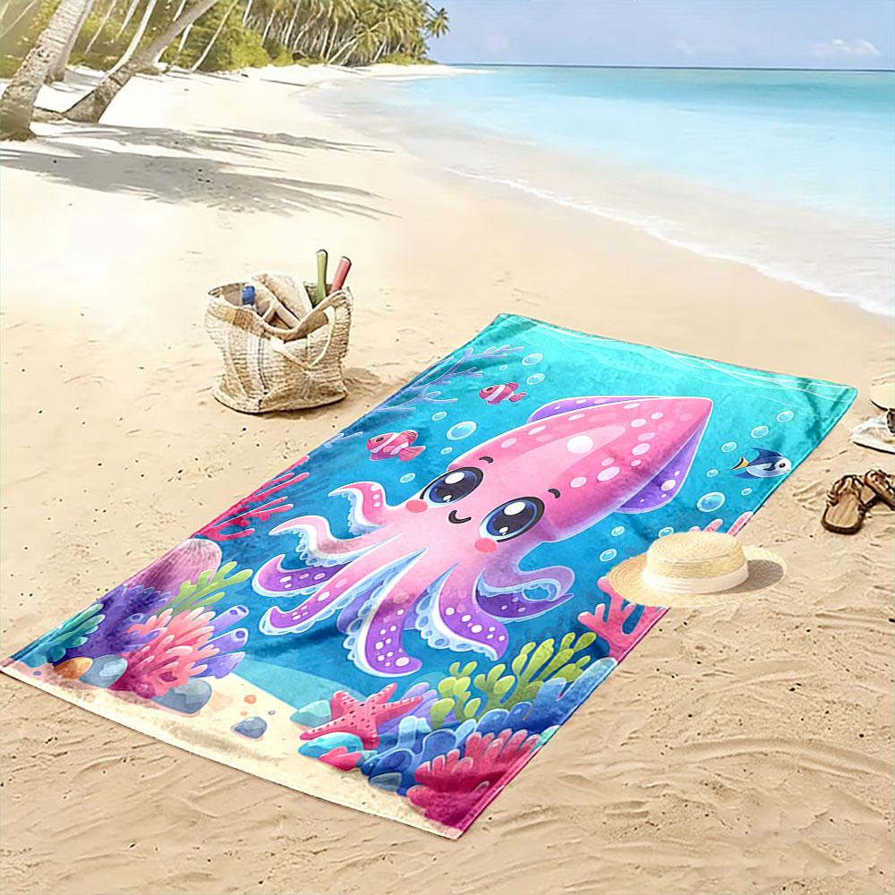 Cute Pink Squid Underwater Scene Patterned beach towel quick dry perfect for travel outdoor sports jogging the beach and swimming