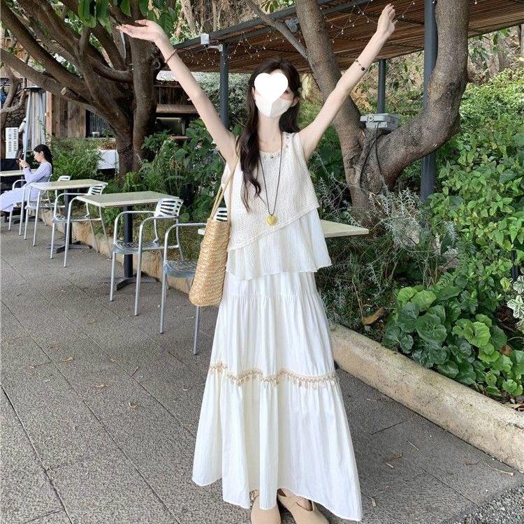 2025 Summer Retro Chinese-Style Hollow-Out Camisole and Ethnic Sleeveless High-Waist Two-Piece Dress Set