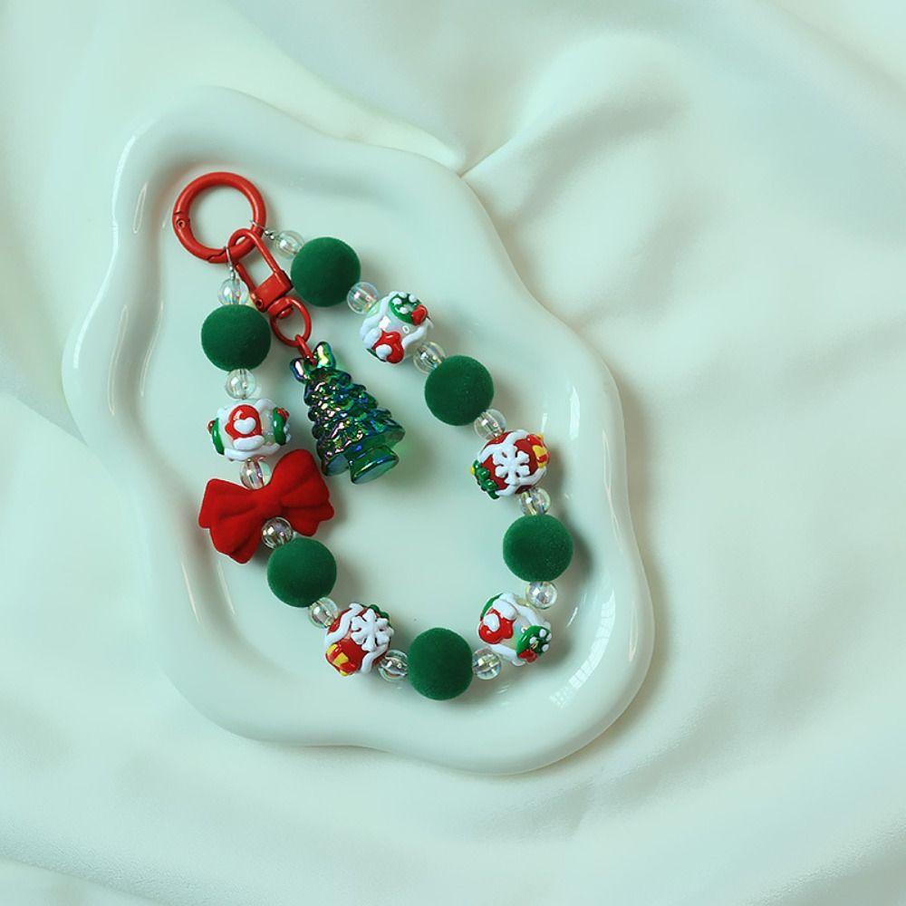 Flocked Bowknot Plush Beads Keychain Christmas Tree Beaded Cell Phone Lanyard  Christmas