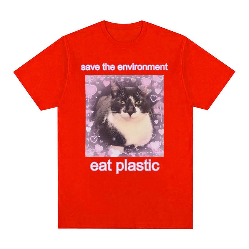 

Save The EnvironUnisext Eat Plastic Cute Cat Graphic T Shirt Funny Unisex ONeck Clothing Tshirts 100 Cotton Oversized Tshirt 4XL