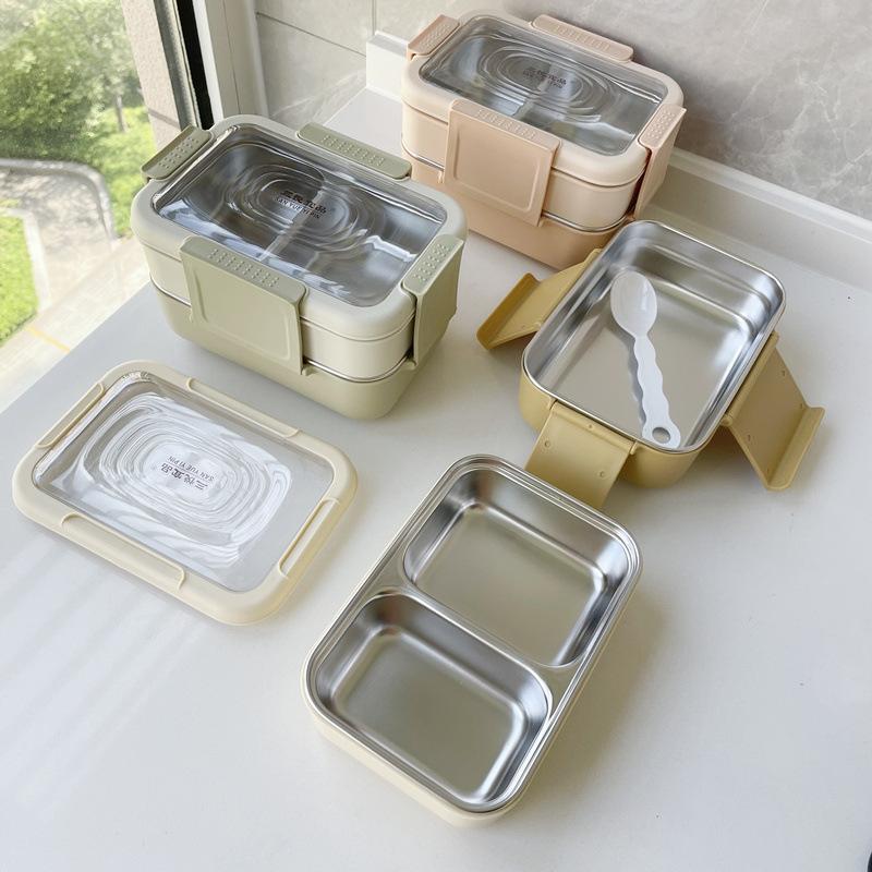 Stainless Steel Double-Layer Insulated Lunch Box, Large Capacity Compartmentalized Bento Box for Students & Office Workers