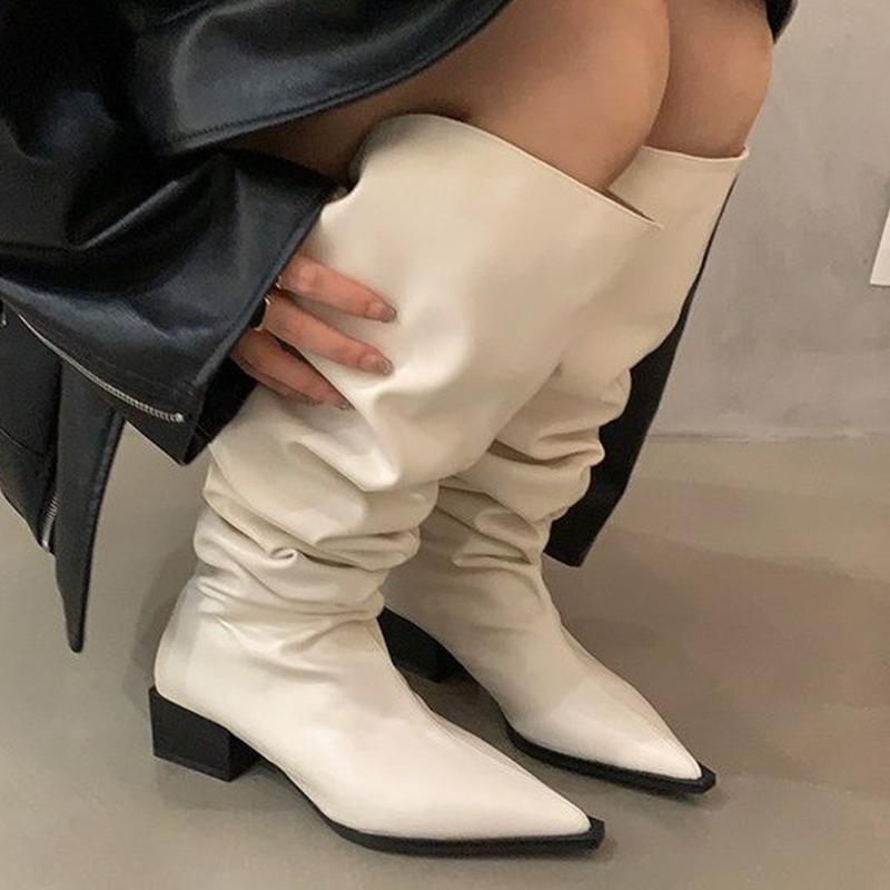 Quality Pointed Toe Womens Long Boots Mid Heels Designer Shoes Winter Leather Chelsea Boots Pumps Walking Gothic New Mujer Boots