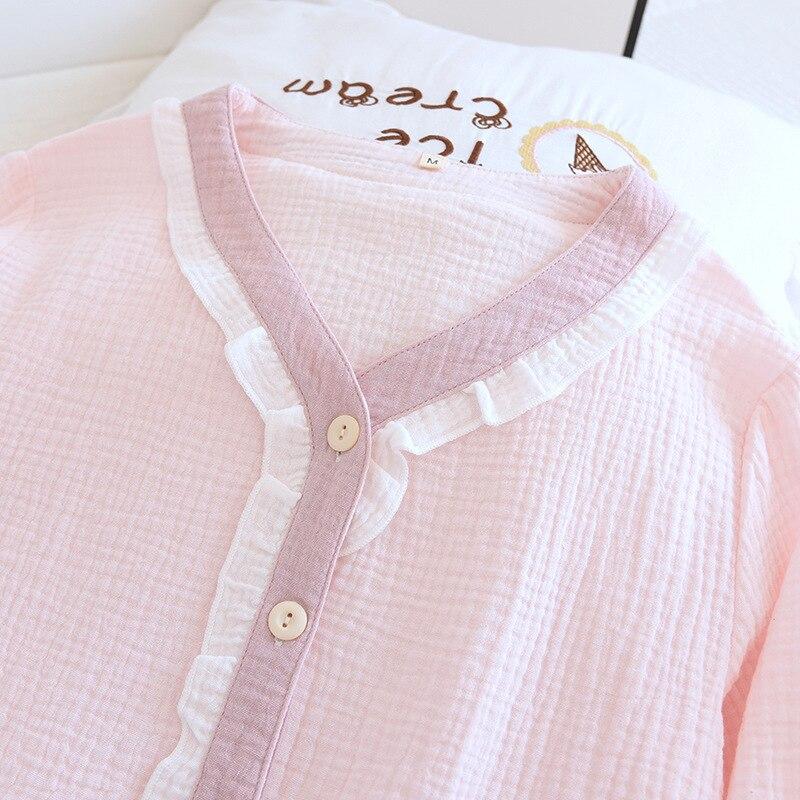 Spring and Autumn New Women's Pajamas Long-sleeved Trousers Two-piece Set 100%cotton Crepe V-neck Solid Color Fresh Homewear Set