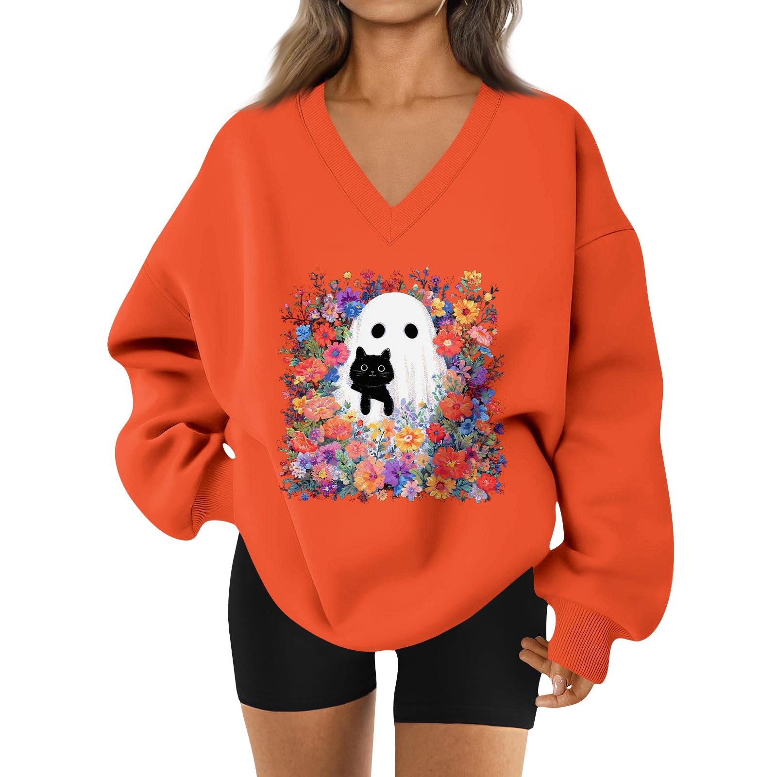 

Женский спортивный свитшот с V-образным вырезом, приспущенным плечом и принтом на Хэллоуин XXL