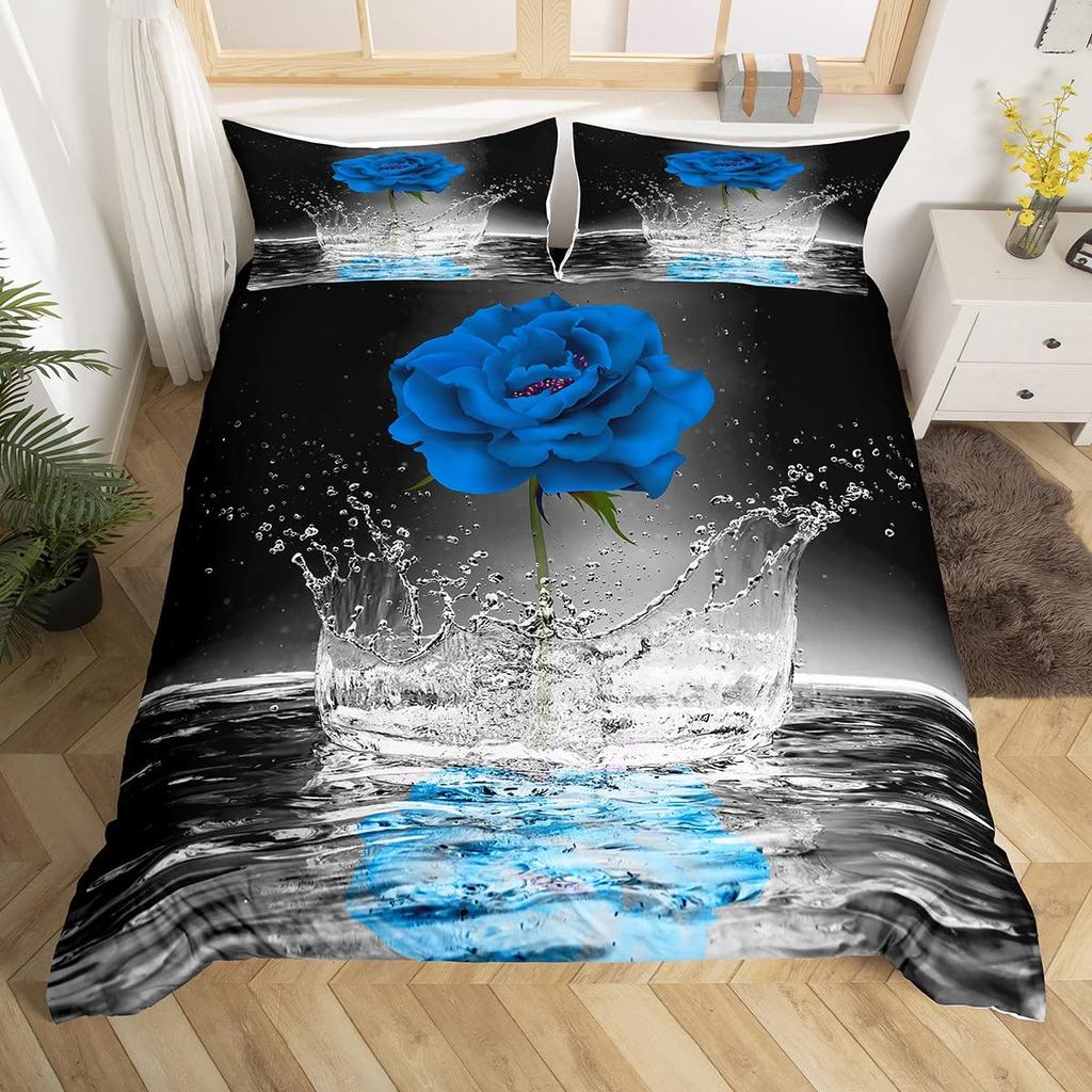 Blue Rose King Queen Bedding Set Romantic Floral Duvet Cover Abstract Water Ripples Flower Comforter Cover Polyester Quilt Cover