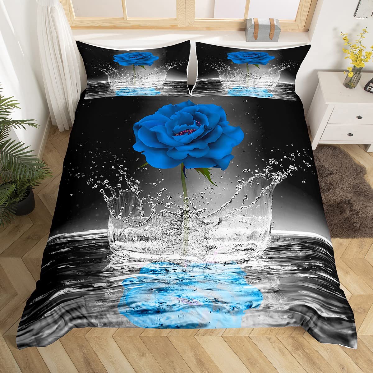 

Blue Rose King Queen Bedding Set Romantic Floral Duvet Cover Abstract Water Ripples Flower Comforter Cover Polyester Quilt Cover 70x133cm 2pcs