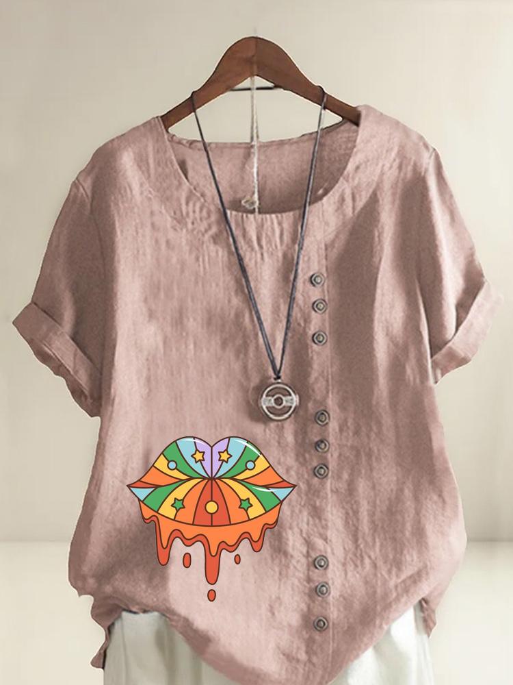 Women s Fashion Colorful Lips Printing Shot Sleeve T-shirt Loose Cotton Shirt Casual Loose Summer Blouse Tops Plus Size S