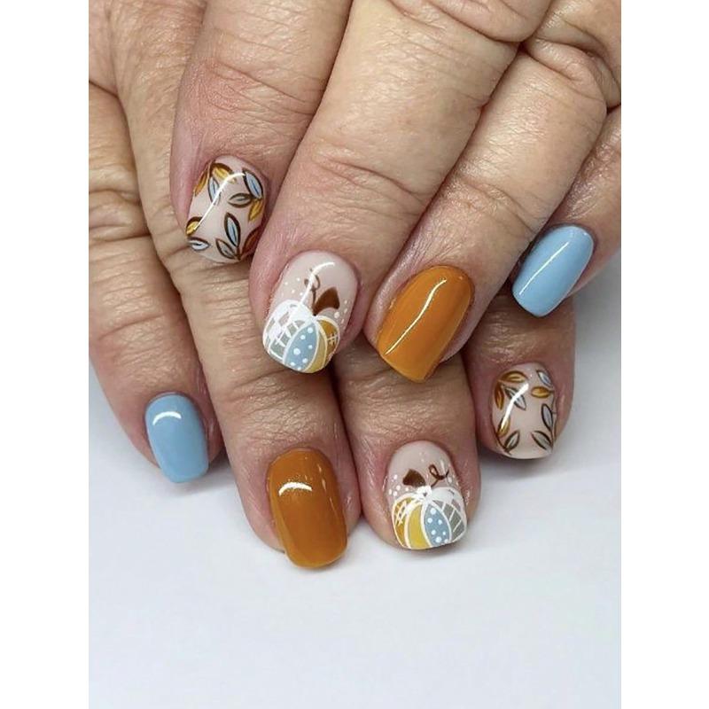

Of Press On Short Nails Thanksgiving Orange Blue Leaves Multicolored Pumpkin Blue Orange False Nails Suitable For Daily Wear Nail Supplies Press On разноцветный